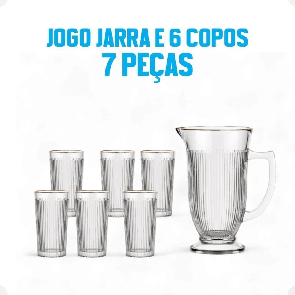 Jarra Com 6 Copos De Vidro Borda Dourada Lila Hauskraft Luxo Elegante Mesa Posta Decoração Servir Bebidas