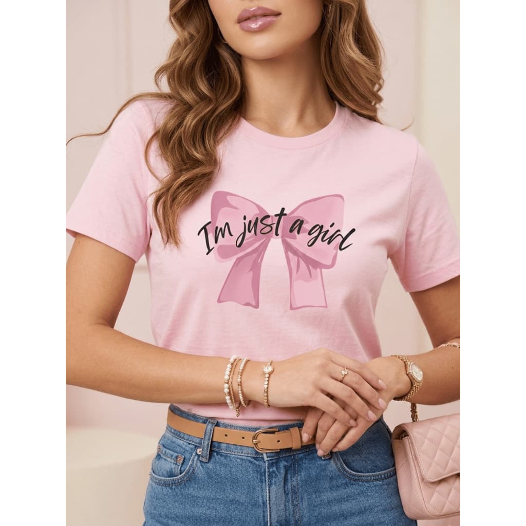 Camiseta Tshirt Blusa Laço Just Girl Patricinha Casual Estampa DTF 100% Algodão Feminina Diário Moda
