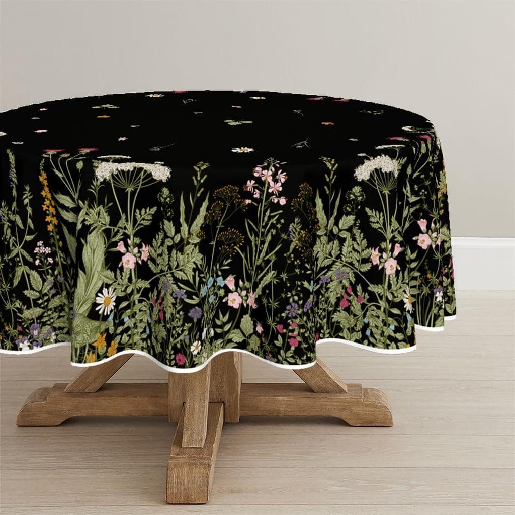 Horaldaily Spring Tablecloth 60×60 Inch Round, Black Wild Flower Daisy Washable Seasonal Table Cover for Party Picnic Di