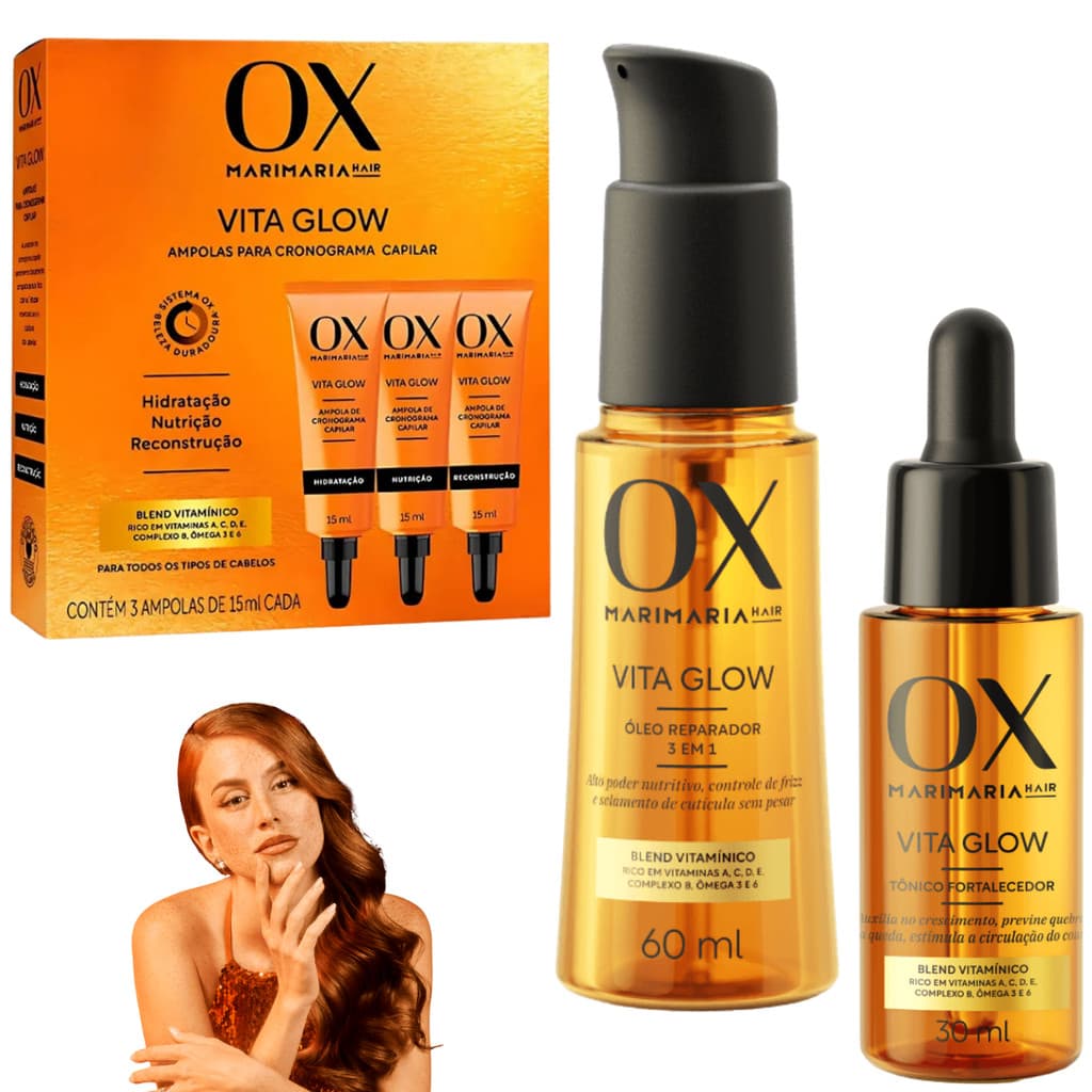 Kit OX Vita Glow Óleo Reparador Tônico Fortalecedor Ampola