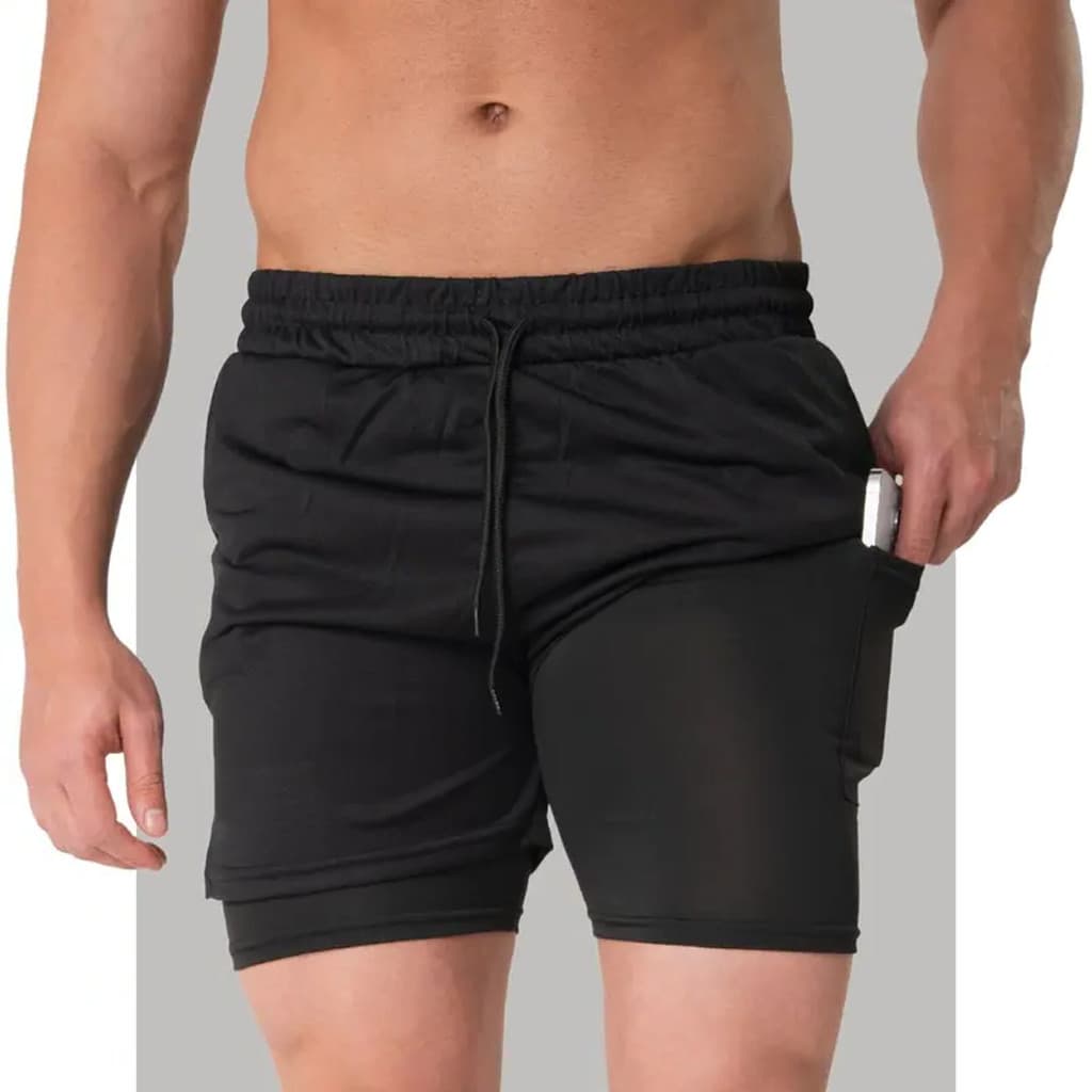 Bermuda Masculina 2 em 1 Dry Fit com Forro de Compressão e Bolso Interno para Celular