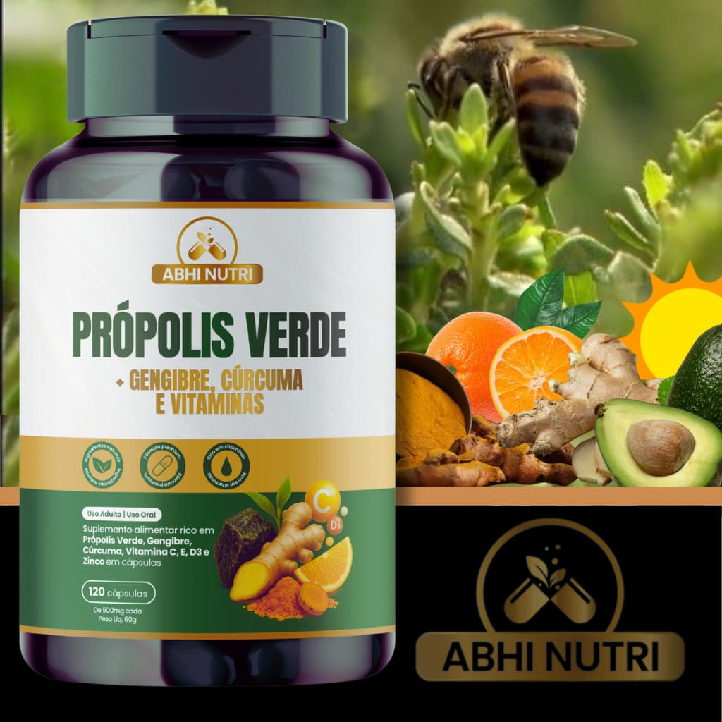 Própolis Verde+Gengibre+Cúrcuma+Vitamina C+E+D3+Zinco 120-ABHI NUTRI-500mg-Kits com 1, 2 e 3 Frascos