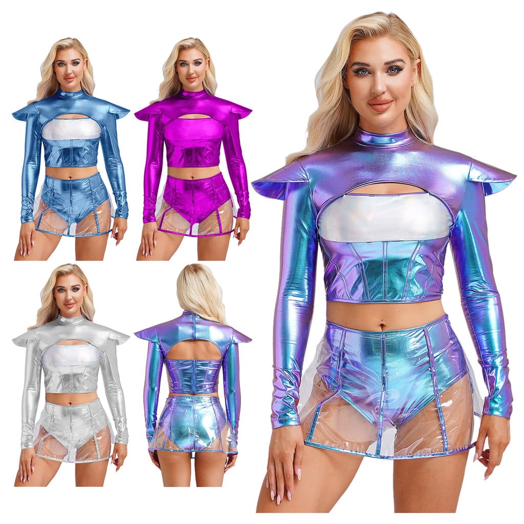 inhzoy Mulheres Halloween Alienígena Exterior Traje Manga Longa Oco Out Cropper Topo Com Saia Transparente Role Play Club