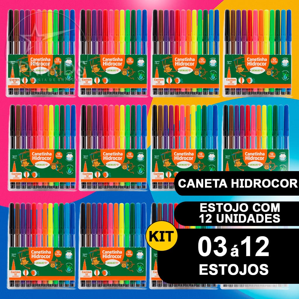 Kit 3 a 12 Estojos Canetinha Hidrográfica 12 Cores Hidrocor Lavável Material Escolar
