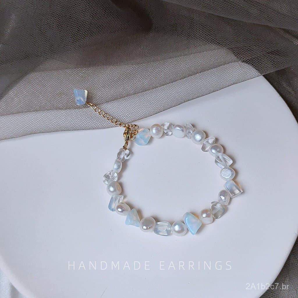 Bright Eye Pulseira de Pérolas e Pedra da Lua de Vidro Banhada a Ouro 14K Estilo Coreano Dongdaemun Joia Feminina Vintag