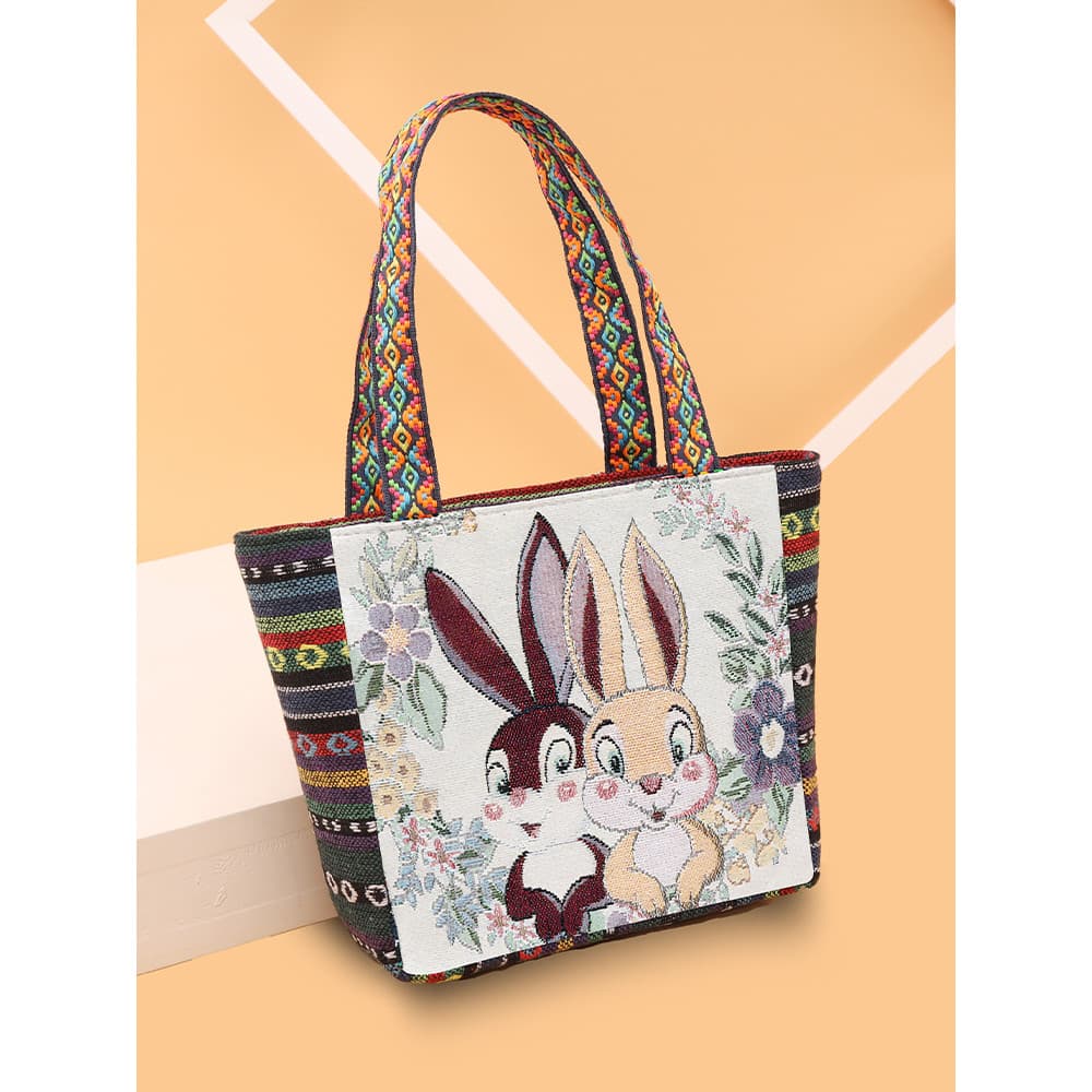 Bolsa feminina bolsa de lona dupla face Casual dos desenhos animados bordado grande capacidade bolsa estilo étnico peque