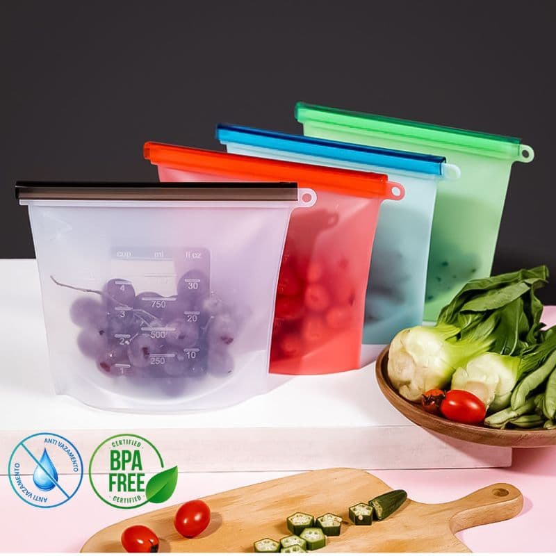 Saco de Silicone 1L para Alimentos Vedação Ziplock Reutilizável Freezer Micro-ondas BPA Free