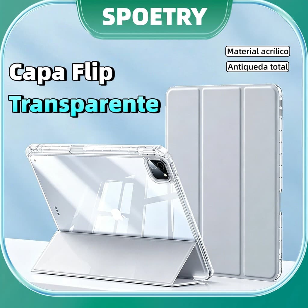 Capa Flip Transparente Anti-curvatura E Anti-queda Para iPad 7/8/9/10, Air4/air5, Mini6, ipad Pro 11 ou 12,9polegadas