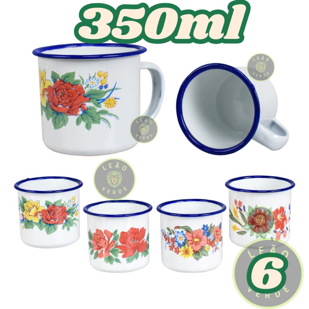 Caneca Esmaltada Branca Decorada kit 6 unidades 350ml xicara retro decorativas Café chá Vintage