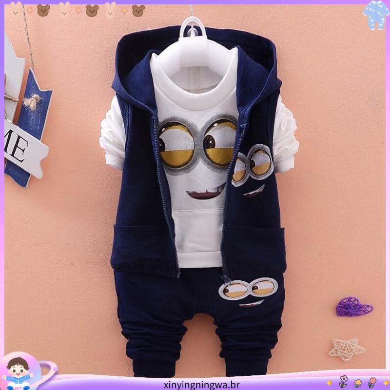 Primavera Outono Criança Meninos Minions 3pcs Conjunto de Roupas Crianças Com Capuz Vest+T-Shirt+Calças Esporte Roupas