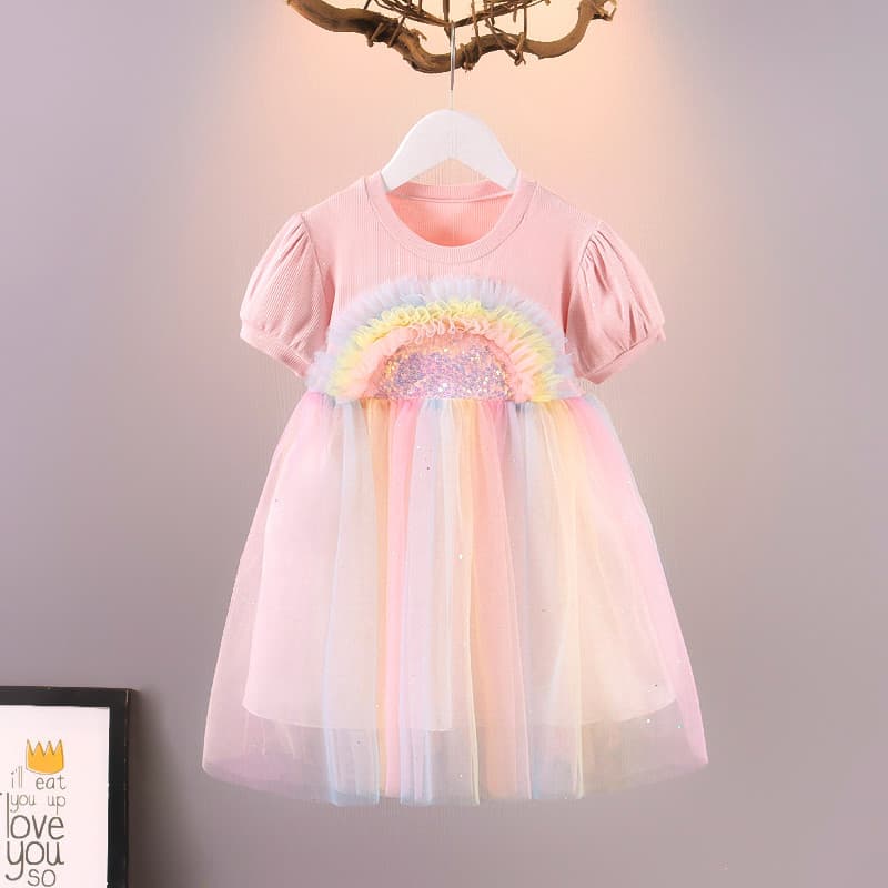 Roupas infantis meninas verão vestido de manga curta 2023 novo bebê arco-íris gaze saia moda infantil princesa saia Pett