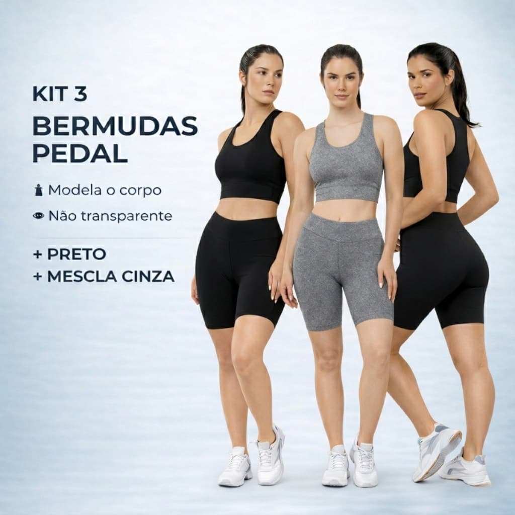 Kit 3 Bermudas Pedal Feminina Fitness Cós Alto Suplex Academia Não Transparente P M G GG