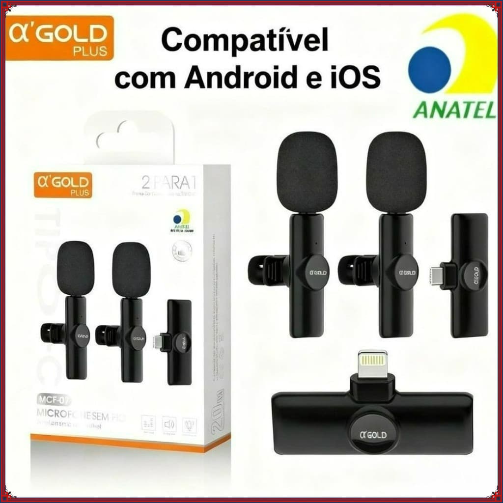 Microfone de Lapela Sem Fio Vlog Alta Definição Compatível Tipo C e iPhone -original A’GOLD
