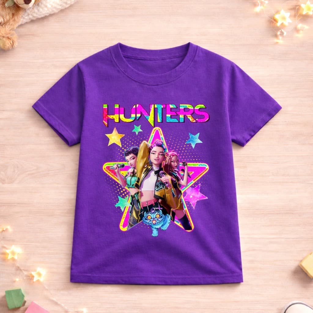Camiseta Infantil Huntrix Zoe Mira e Rumi Kpop Camisa Estampada Guerreiras do Kpop