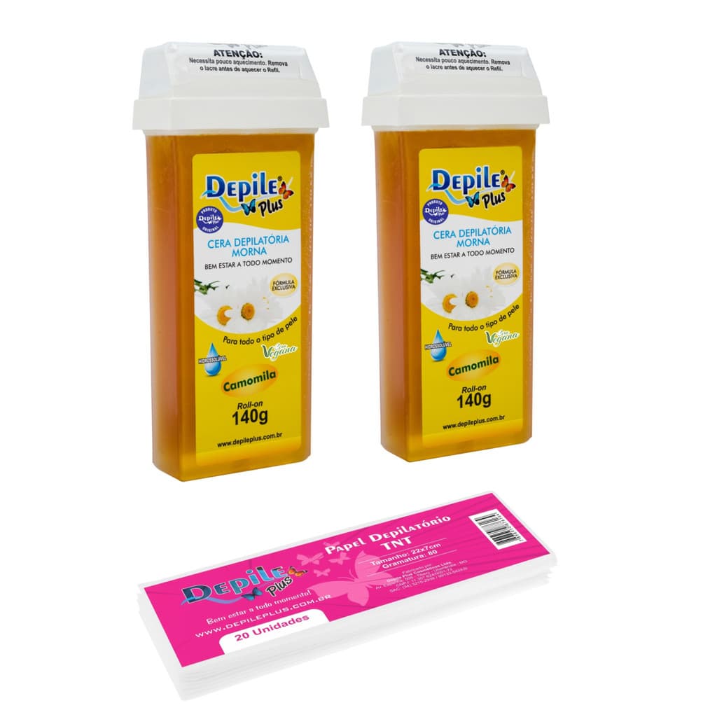 Kit 2 Roll-on Hidrossolúveis + Papel Depilatório TNT 20 unidades para Depilação Depile Plus