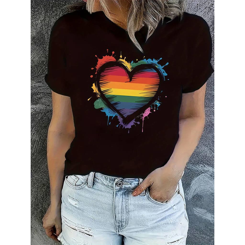 Camiseta Feminina Coração Arco Iris Colorido 100% Algodão