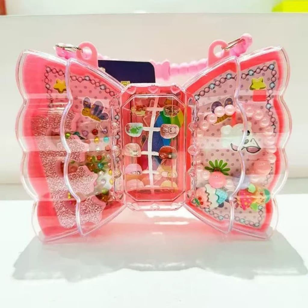 Conjunto infantil 2 em 1 para nail art com miçangas e estojo de armazenamento portátil em formato de borboleta