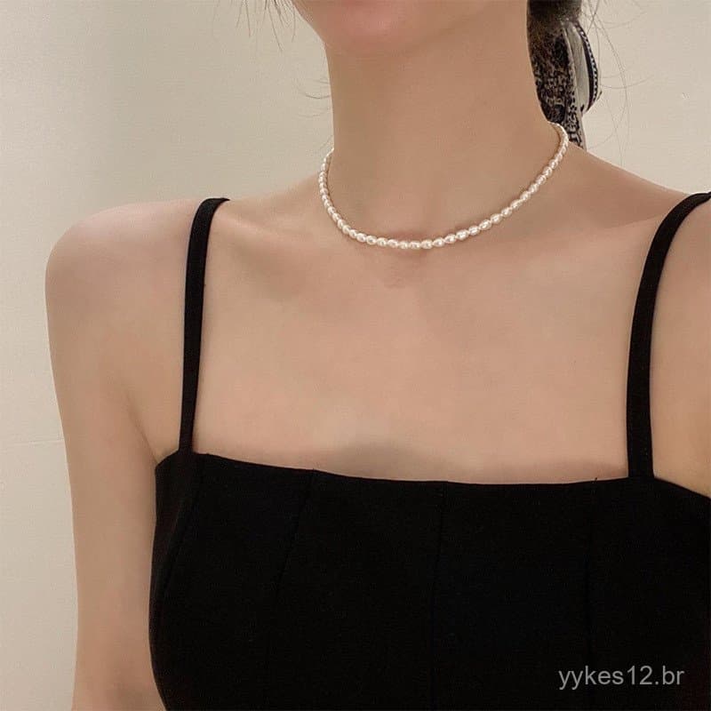 Acessórios femininos de estilo francês, colar de pérolas de água doce, corrente de clavícula feminina, gargantilha de de