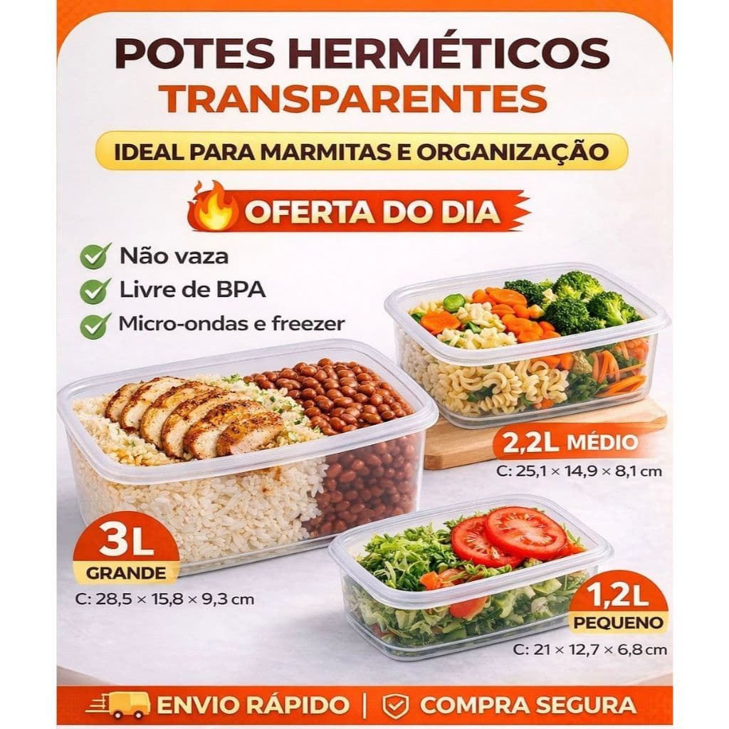 Kit 3 Potes Transparente P M G Retangular alimento organiza congelador