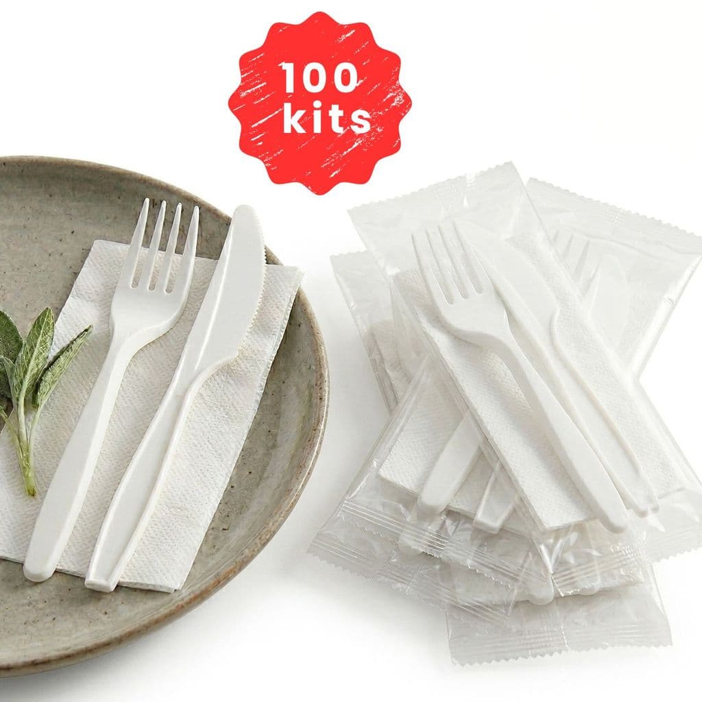 Kit 100 Talheres Descartáveis Garfo Faca Guardanapo Embalados Praticidade Delivery