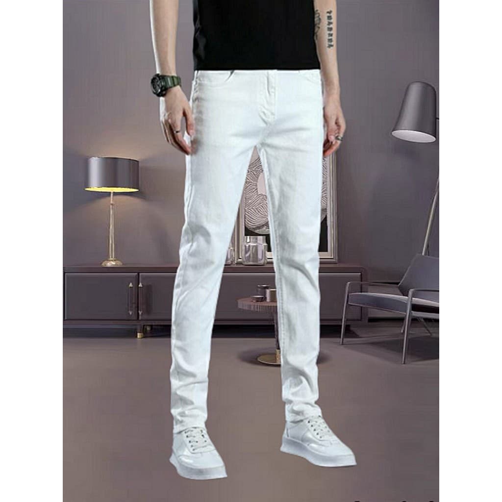 Calças de brim brancas calças masculinas magro-ajuste calças magras cintura média calças de perna reta Casual estirament