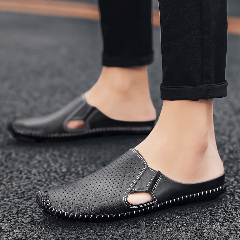 H Half Chinelos Masculinos De Couro Na Moda Sandálias Masculinas Influenciador Sandálias Exclusivas De Um Pedal Na Moda