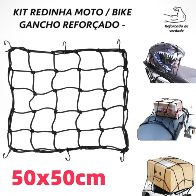 Kit Rede Elastica Extensor Redinha Moto Bike Aranha Capacete Carga Reforçado Gancho Plástico Premium 50x50cm