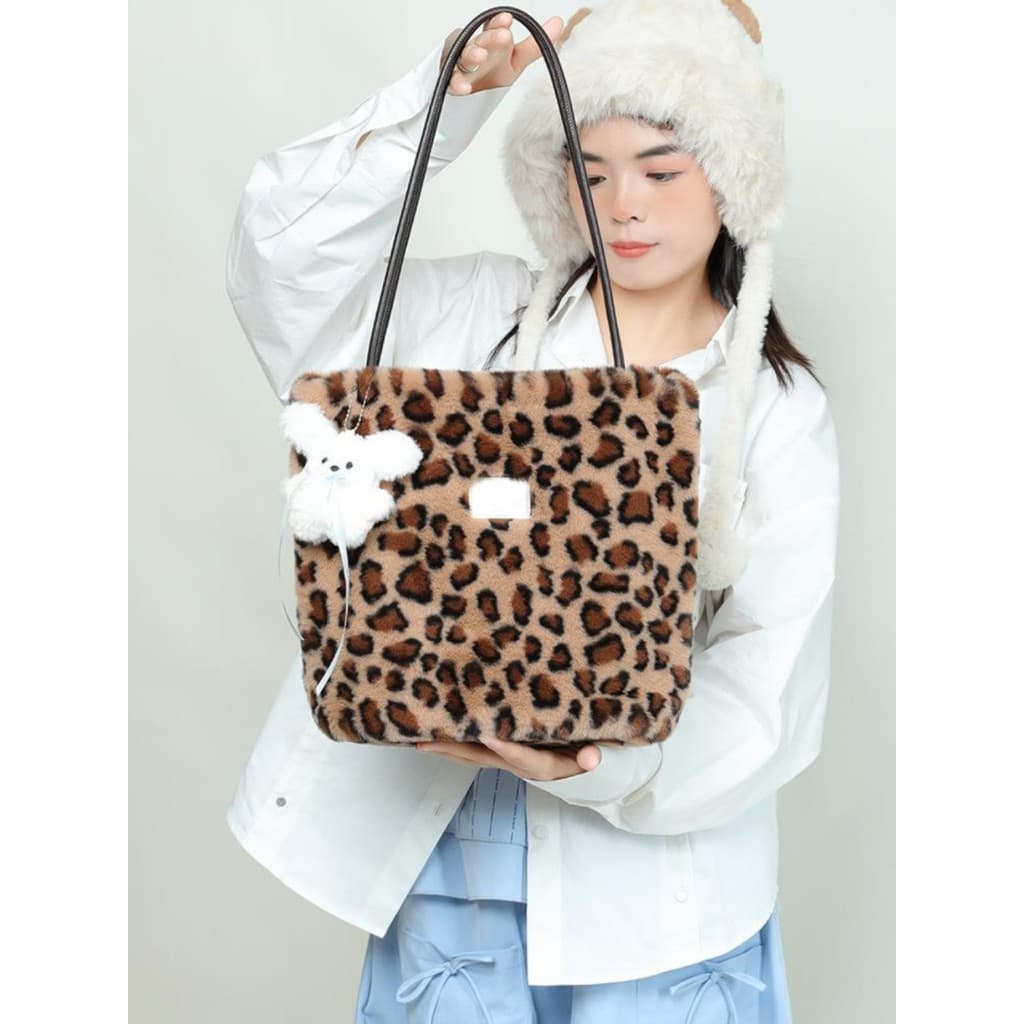 Outono inverno leopardo impressão saco nicho Design saco de pelúcia atmosfera saco fofo coreano Retro de um ombro balde