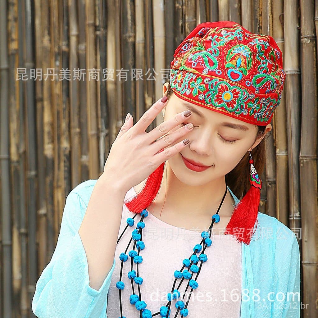 Chapéu bordado de estilo étnico, lenço bordado vintage, chapéu étnico de Yunnan para mulheres, disponível para atacado e