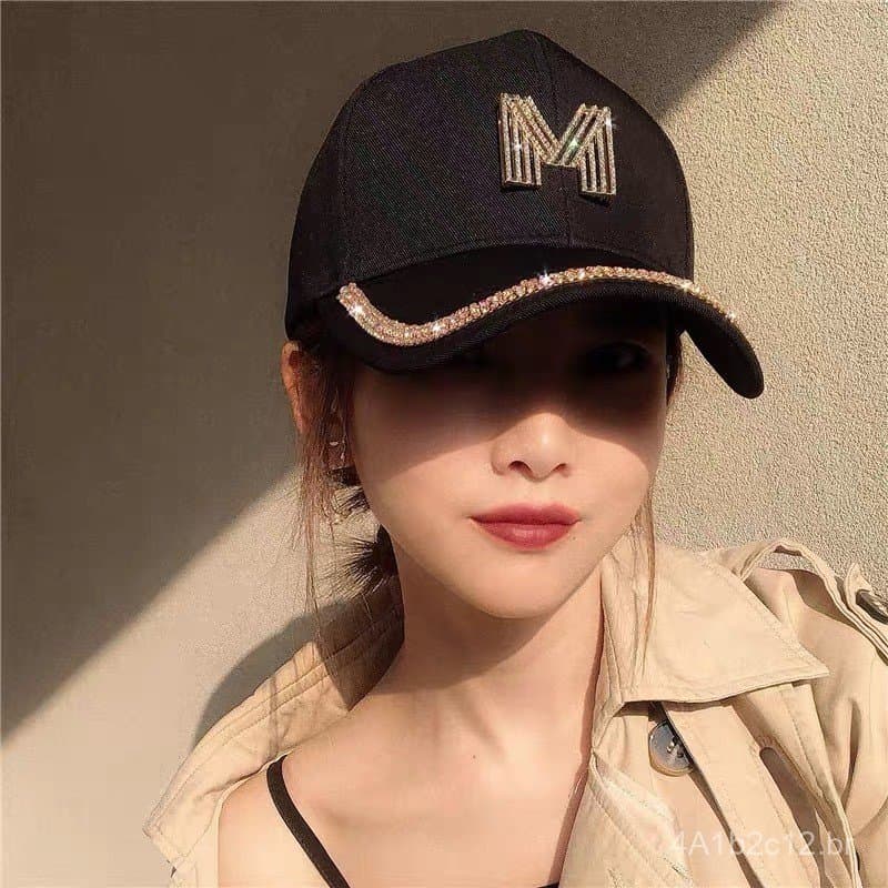 Boné de beisebol feminino estilo coreano, de marca da moda, casual para primavera/verão, com letra M e strass, para prot
