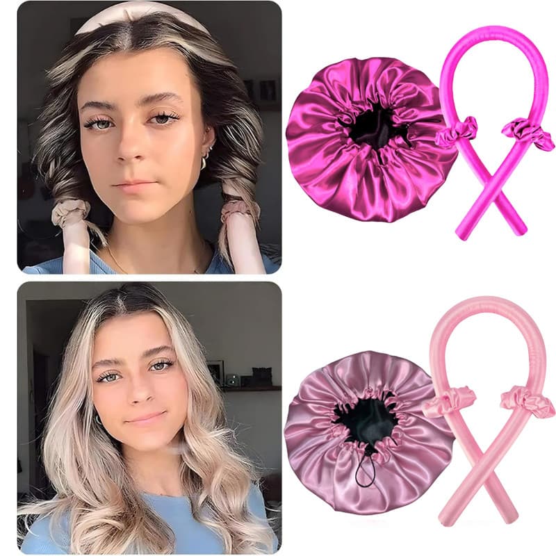 Kit Modelador de Cachos em Cetim + Touca Dupla Face Ajustável | Sem Calor, Anti Frizz, Para Todos os Cabelos