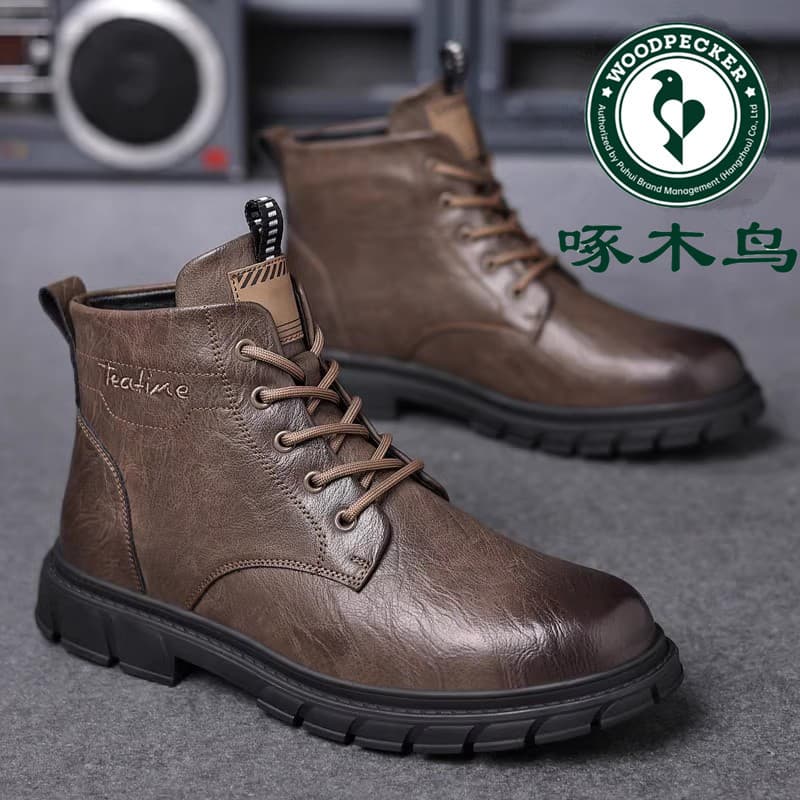 Woodpecker Martin botas masculinas de couro genuíno, sola macia, forro de lã de cano alto, sapatos de algodão masculinos
