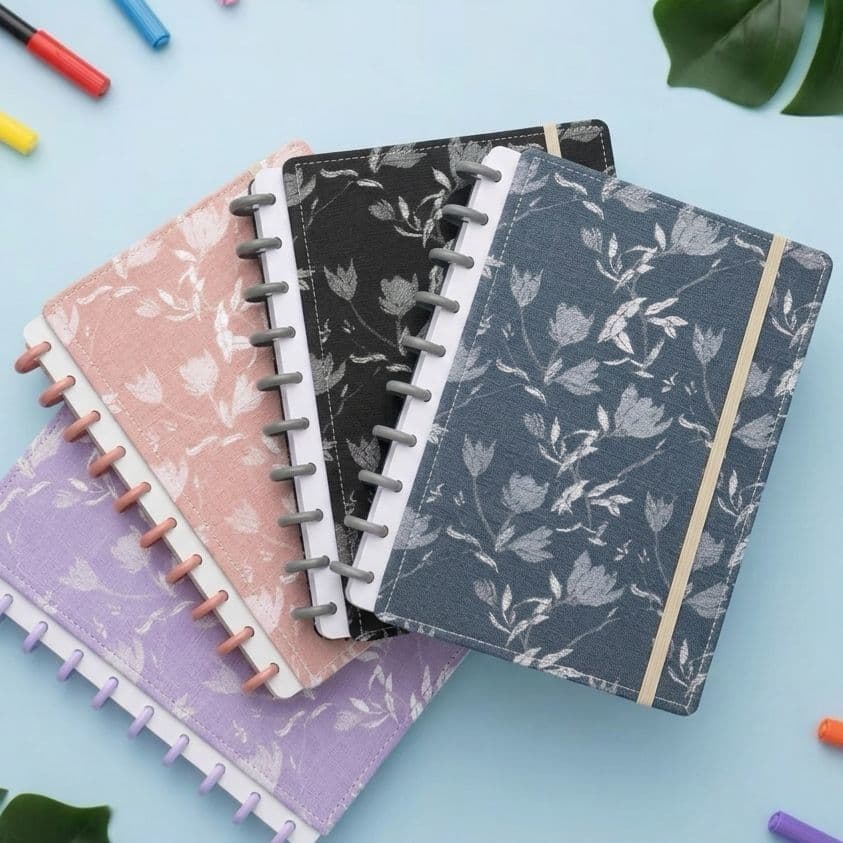 Caderno Inteligente A4 Reposicionável 11 Discos Capa Dura Floral Refil 80 Folhas