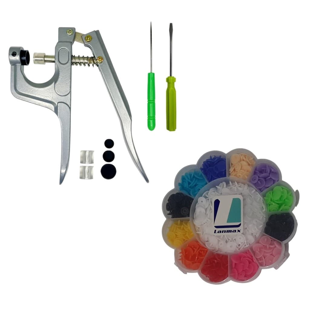 Alicate Pressão Pregar Botão Ritas + Box 180 Botões Rita 12mm N°12 Lanmax Com Estojo com Divisões