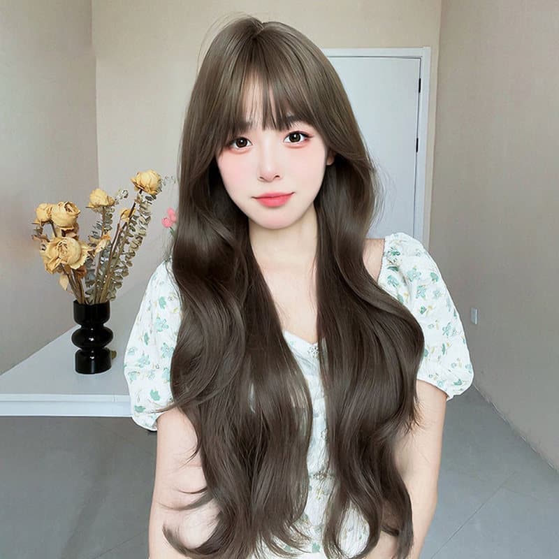 Venda quente peruca feminina cabelo longo franja de ar cabelo encaracolado diário avelã cinza marrom simulação cabelo hu