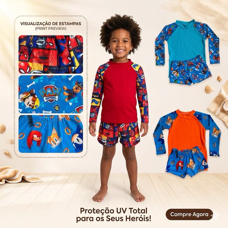 Conjunto Sunga + Camiseta proteção UV 50 infantil /Manga longa natação /Moda praia personagens /Autismo/Quebra-Cabeça