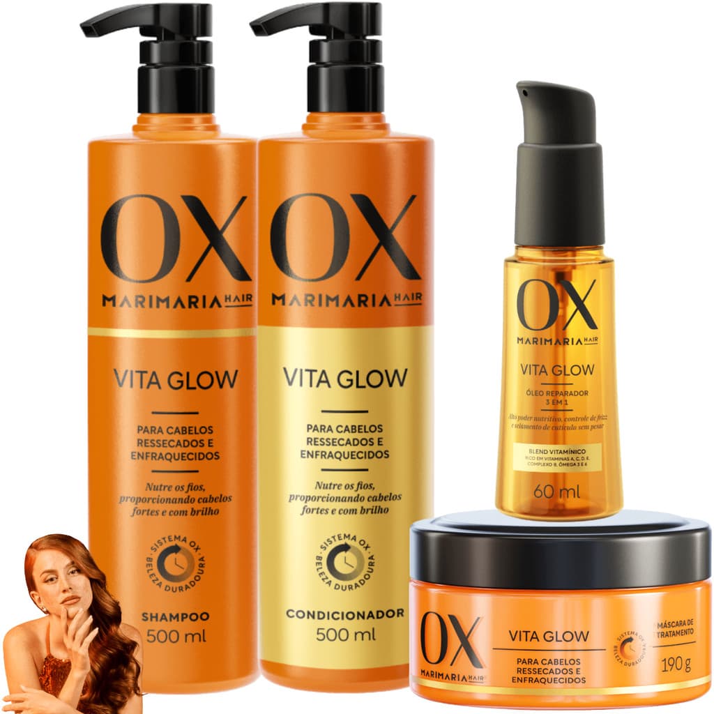 Kit OX Vita Glow Shampoo Condicionador Óleo ReparadorMascara