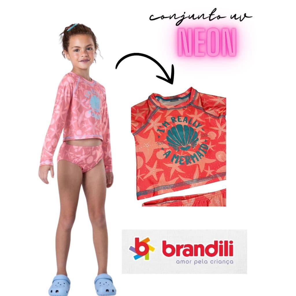 Conjunto Moda Praia Infantil menina proteção UV neon rosa Brandili