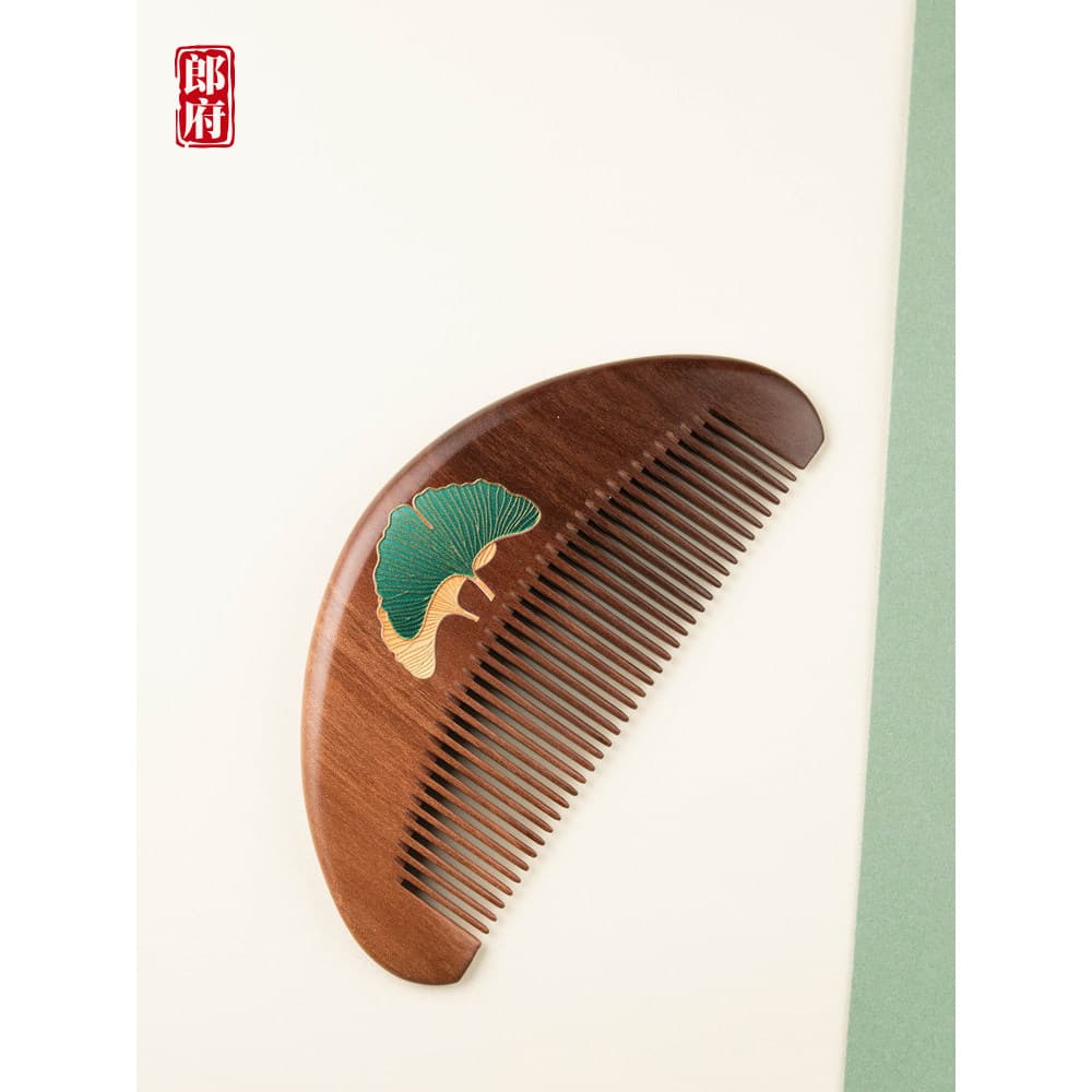 Langfu pente de madeira de pêssego antigo pintado pente laca arte pequeno portátil franja de dentes finos estilo de cabe