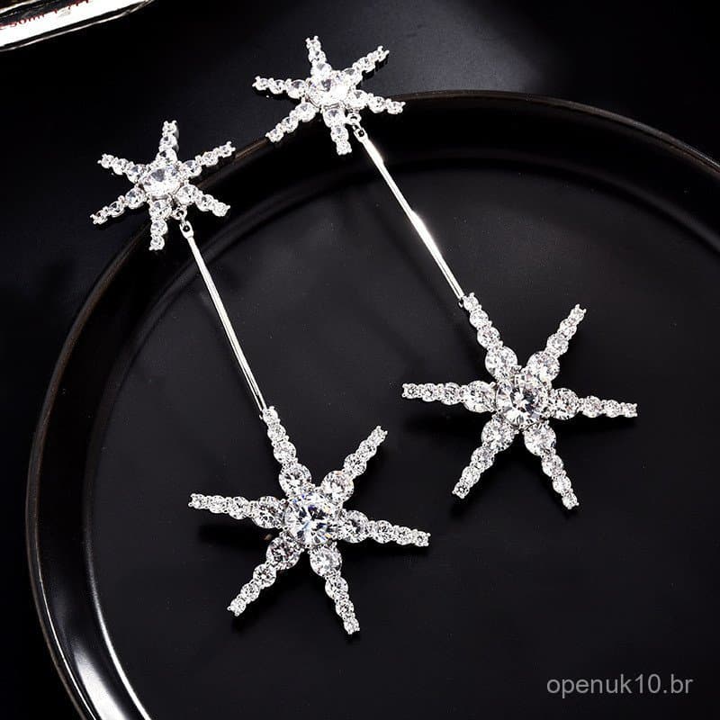 Brincos de zircônia em formato de estrela grande, estilo celebridade, com pino de prata S925, brincos longos em formato