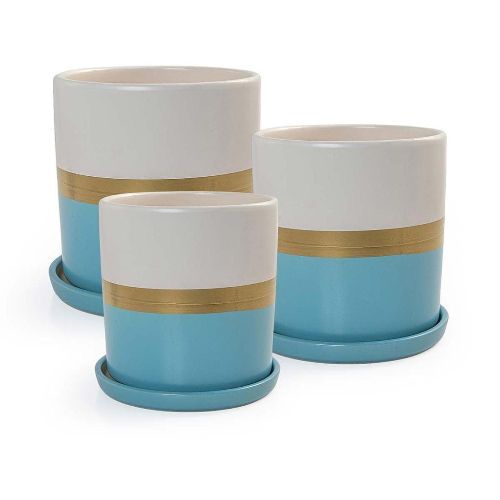 Kit 3 Vasos Cachepots Plantas com Pratos e Tampas para o Fundo Londres Porcelana Branco e Azul Fosco Pozzani