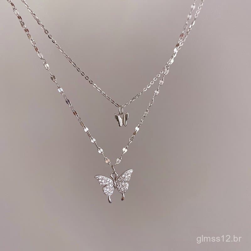 Colar feminino de dupla camada com borboleta e diamantes brilhantes em estilo coreano, design simples com um toque de ex