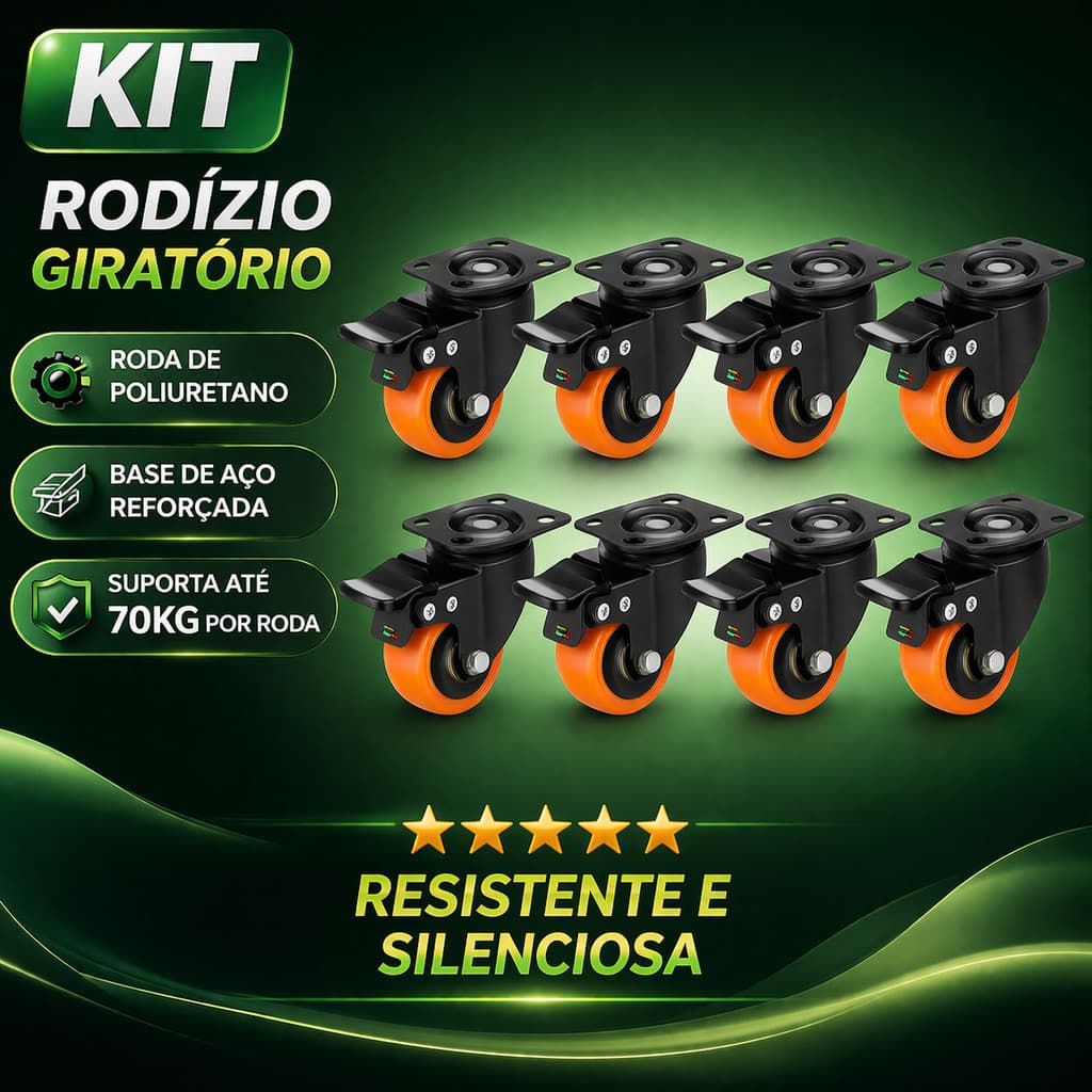 Kit 8 Rodinhas Rodízios Rodas Moveis Com Base Giratória Freio Trava Rodízio Anti-risco Reforçada