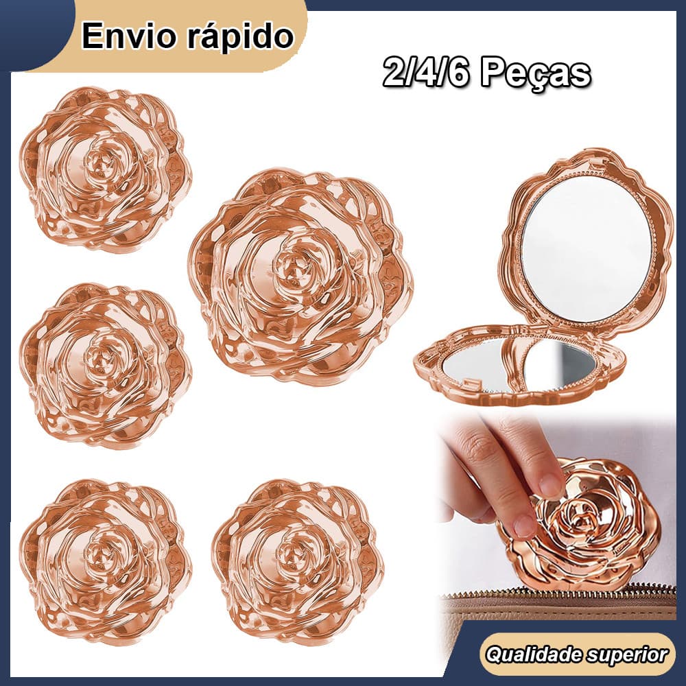 Espelho de maquiagem redondo em formato de rosa, espelho de maquiagem requintado, espelho de viagem, 6.3x6.3cm, ouro ros