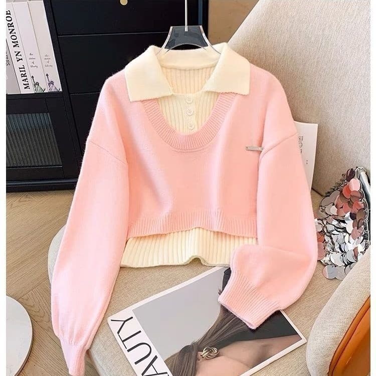 Conjunto de Duas Peças de Suéter Curto Estilo Preppy 2026 para Outono Inverno, Top de Tricô CNZ 7412