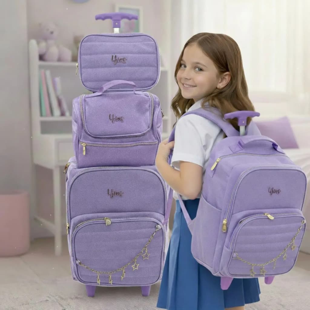 Kit Mochila De Rodinha Lancheira Térmica Estojo Glitter Premium Top Lilás Rosa Branca Preta Azul