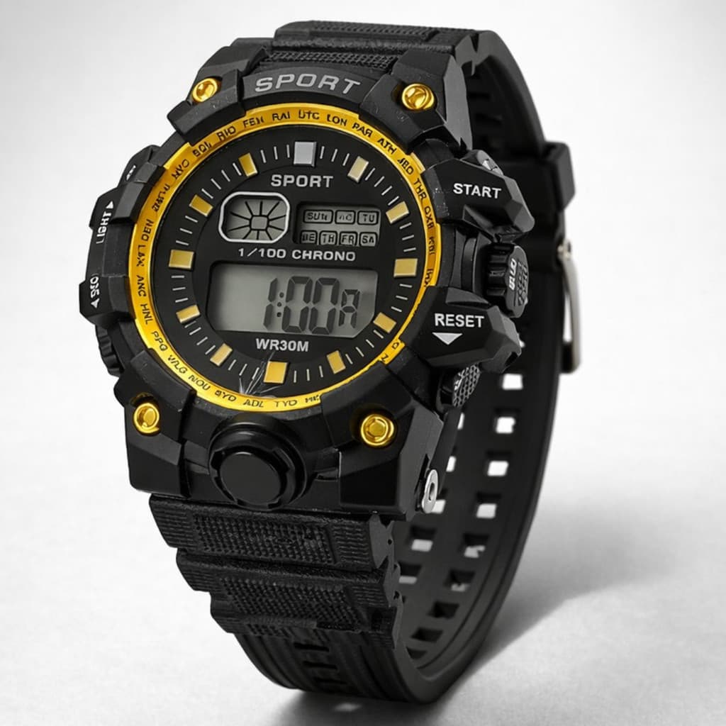 Relógio Digital Masculino Original Sport Dourado Luminoso Cronometro Alarme Calendário