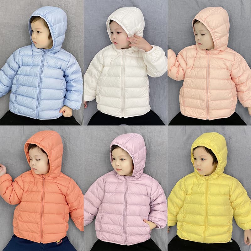 Bebê para baixo jaqueta estilo inverno médio fino estilo com capuz curto zíper camisa 90 pato branco para baixo estilo o
