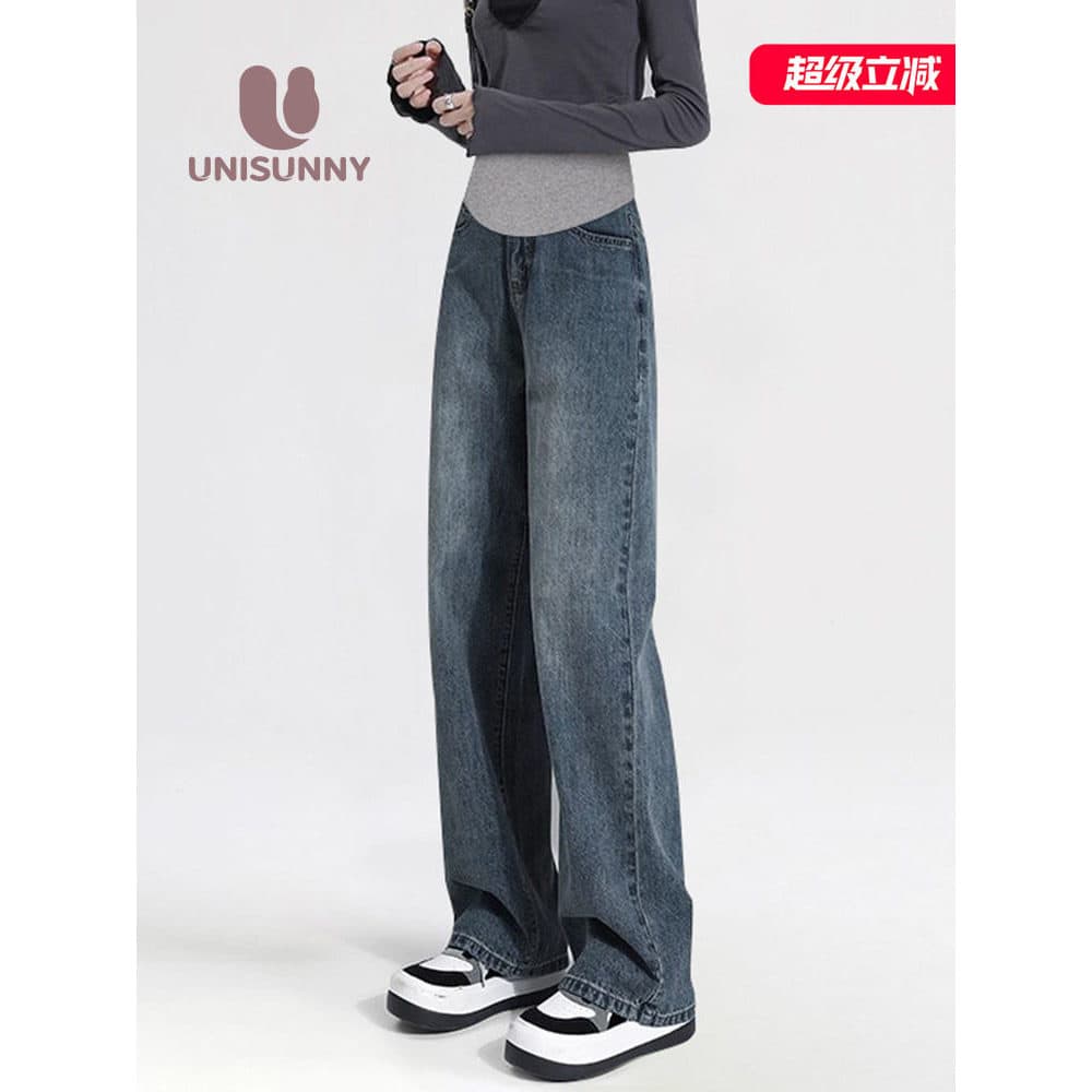 Unisunny Jeans para maternidade, roupa externa de primavera 2026, novo estilo, elegante, sem barriga, cintura alta, reta