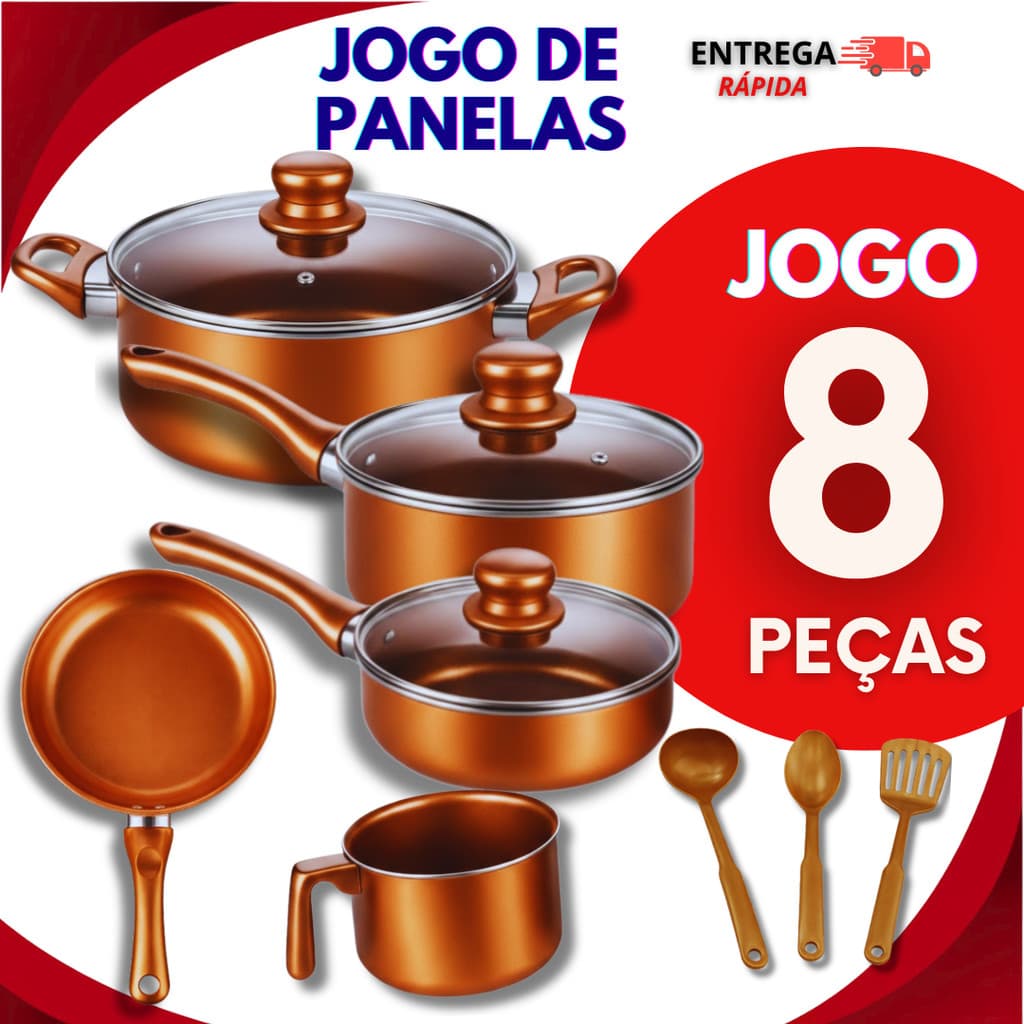 Jogo De Panelas Caçarolas com Tampa Vidro Antiaderente Leiteira e Frigideira  Estilo Cobre + Utensílios